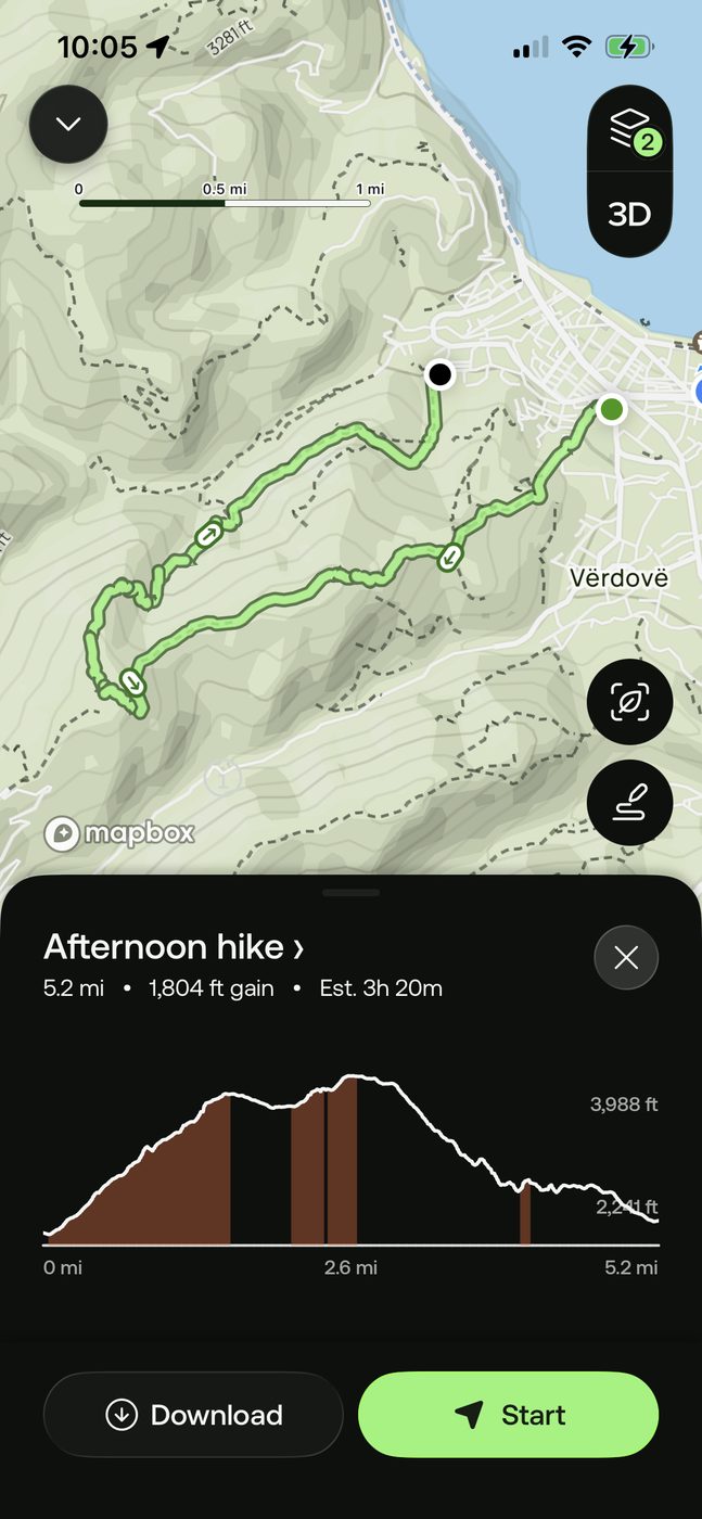 AllTrails recording of the full Kabash Trail hike showing the route and total elevation gain